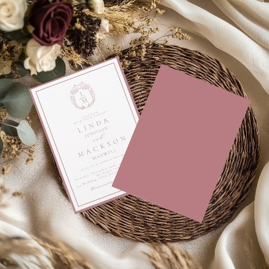 Dusty Rose botanical crest monogram wedding Einladung