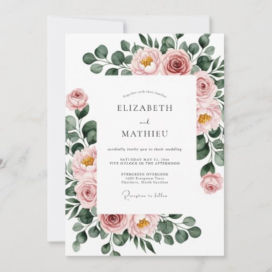 Dusty Rose Botanical Spring Wedding Einladung (Vorderseite)