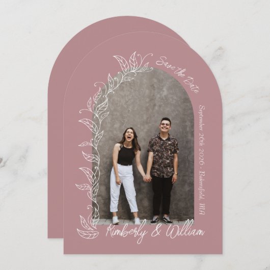 Dusty Rose Botanische Blätter Save the Date Arch Einladung (Vorne/Hinten)