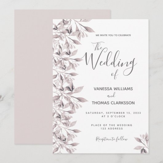 Dusty Rose botanisches Blattwerk Hochzeit Einladung (Vorne/Hinten)