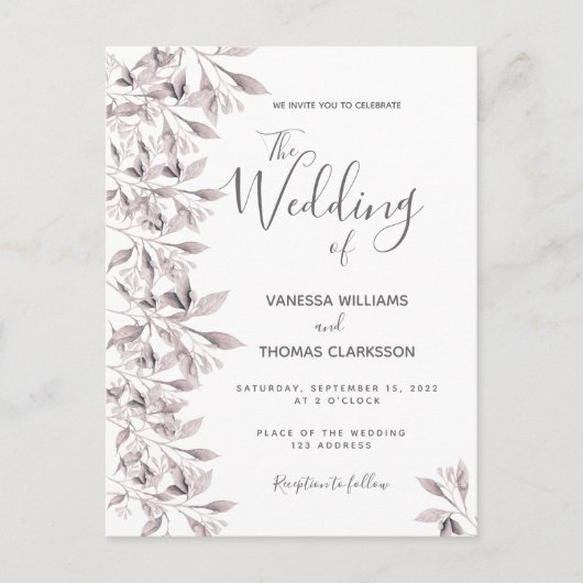 Dusty Rose botanisches Blattwerk Hochzeit Postkarte (Vorderseite)