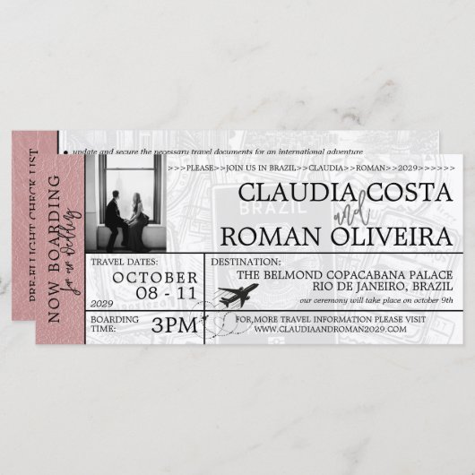 Dusty Rose Brasilien Hochzeit Boarding Pass Einlad (Vorne/Hinten)