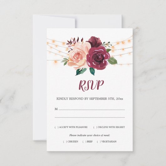 Dusty Rose Burgundy Blumenleuchter Hochzeit RSVP Karte (Vorderseite)