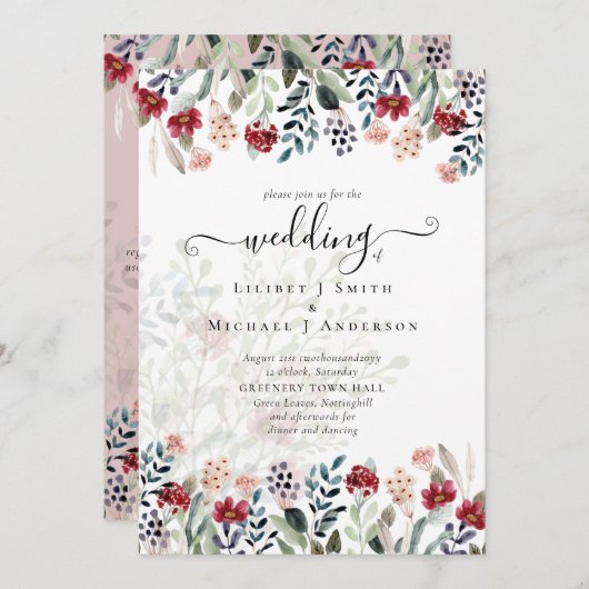 Dusty Rose Burgundy Floral Wedding Einladung (Vorne/Hinten)