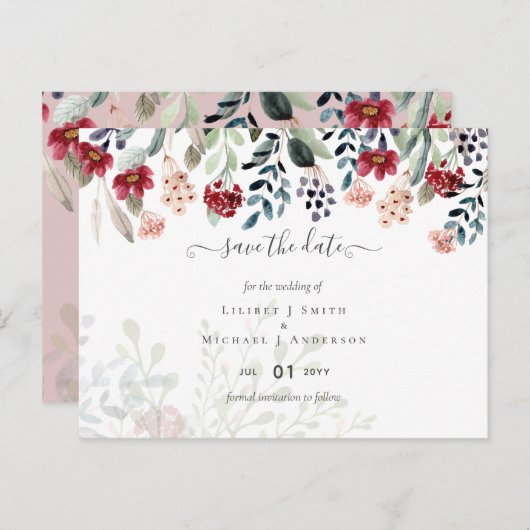 Dusty Rose Burgundy Floral Wedding Postkarte (Vorne/Hinten)