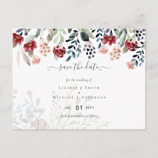 Dusty Rose Burgundy Floral Wedding Postkarte (Vorderseite)