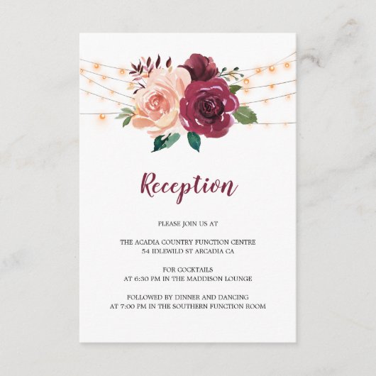 Dusty Rose Burgundy Floral Wedding Reception Begleitkarte (Vorderseite)