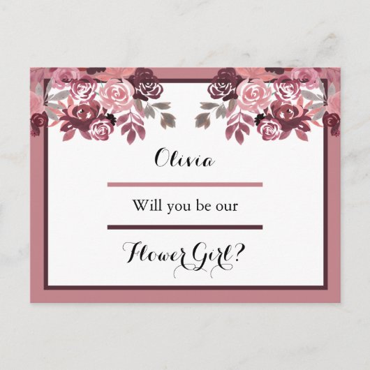 Dusty Rose Burgundy Flower Girl Request Card Postkarte (Vorderseite)
