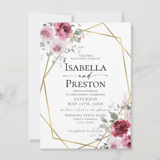 Dusty Rose Burgundy Gold Floral Wedding Einladung