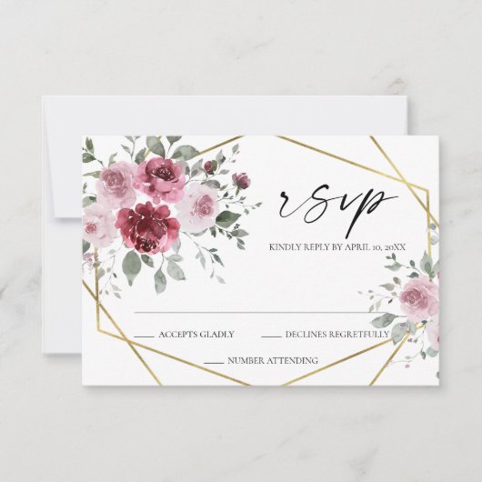 Dusty Rose Burgundy Gold Floral Wedding RSVP Card (Vorderseite)