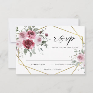Dusty Rose Burgundy Gold Floral Wedding RSVP Card Karte