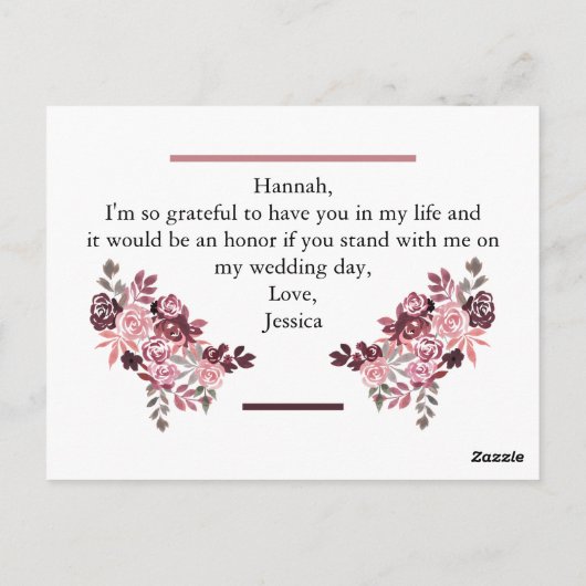 Dusty Rose Burgundy Matron of Honorar Request Card Postkarte (Rückseite)