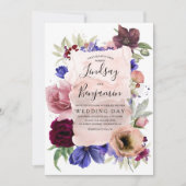 Dusty Rose Burgundy Red and Navy Floral Wedding Einladung (Vorderseite)