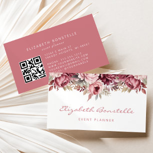 Dusty Rose Burgundy Watercolor Floral QR Code Visitenkarte