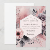 Dusty Rose Charcoal Bloom Wedding Einladung (Vorne/Hinten)