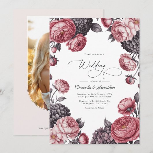 Dusty Rose & Charcoal Gray Floral Wedding Photo Einladung (Vorne/Hinten)
