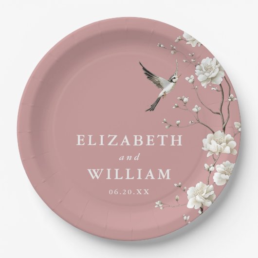 Dusty Rose Chinoiserie Blumengarten Hochzeit Pappteller (Vorderseite)