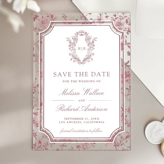 Dusty Rose Chinoiserie Crest Wedding Save the Date Acryleinladungen