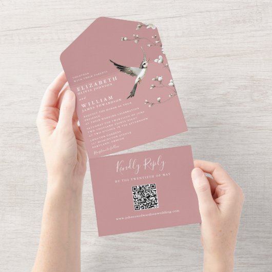 Dusty Rose Chinoiserie Floral QR Code Wedding All In One Einladung (Abreißen)