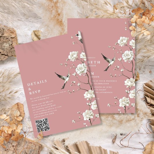 Dusty Rose Chinoiserie Floral QR Code Wedding Einladung
