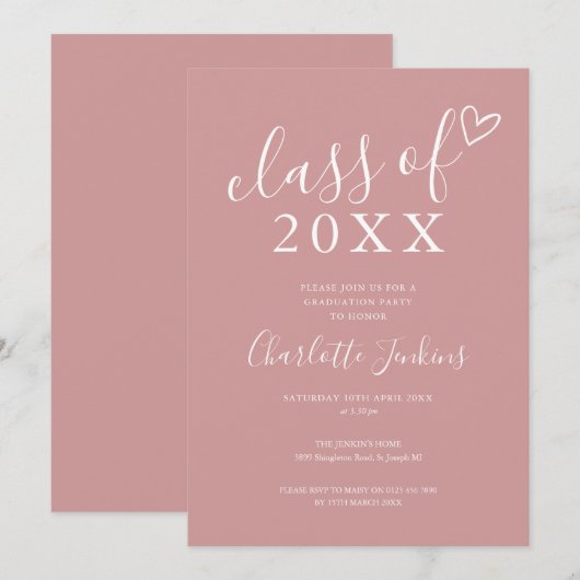 Dusty Rose Class of Script Heart Graduation Party Einladung (Vorne/Hinten)