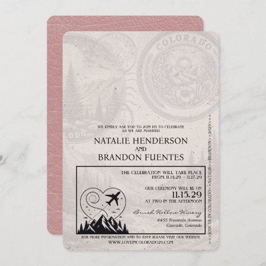 Dusty Rose Colorado Passport Wedding Einladung (Vorne/Hinten)