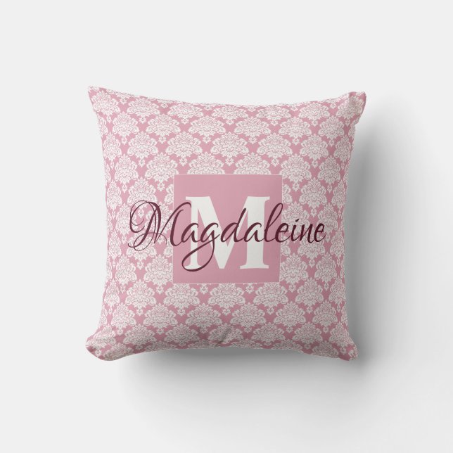 Dusty Rose Damask Kissen mit Monogramm und Name (Vorderseite)