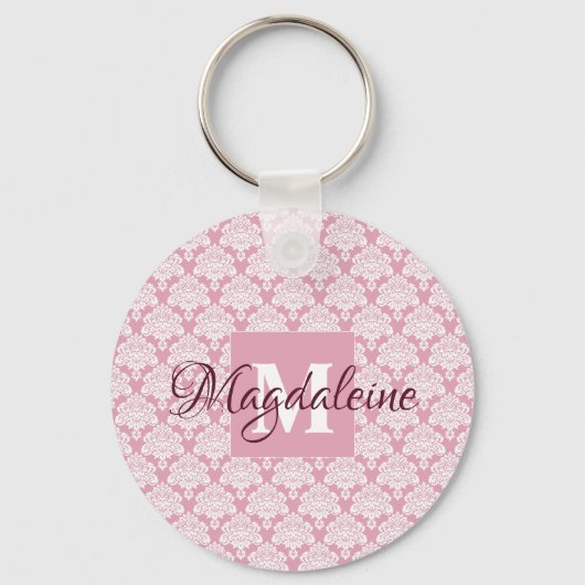 Dusty Rose Damask Lace Pattern Monogram & Name Schlüsselanhänger (Vorderseite)