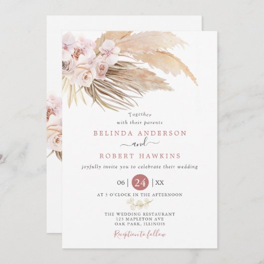 Dusty Rose Desert Boho Pampas Grass Wedding Einladung (Vorne/Hinten)