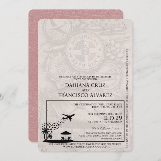 Dusty Rose Dominikanische Republik Passport Weddin Einladung (Vorne/Hinten)