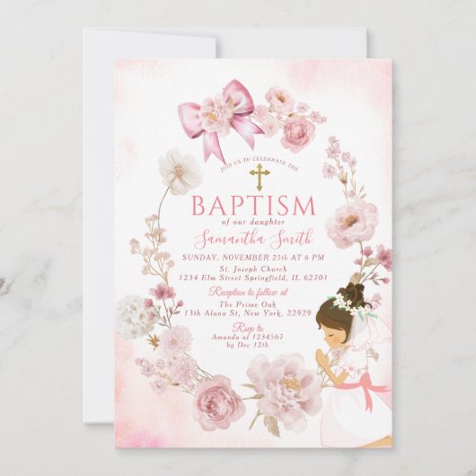 Dusty Rose Dreamy Floral Frame Cross Baptism Einladung (Vorderseite)