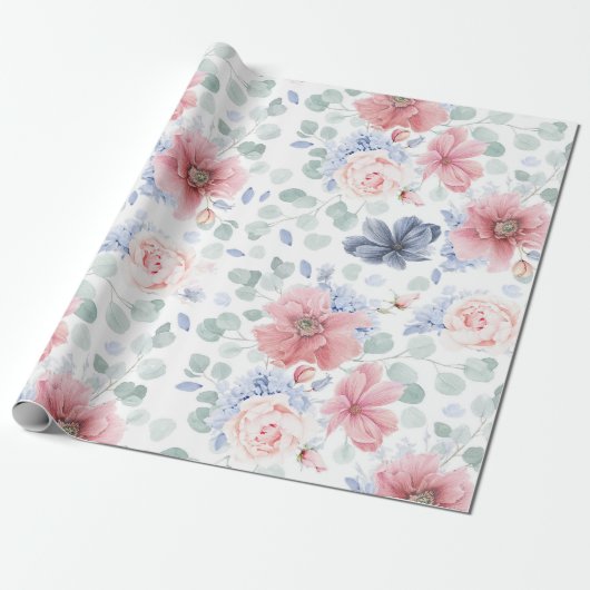 Dusty Rose Dusty Blue Floral Muster Elegant Geschenkpapier (Ungerollt)