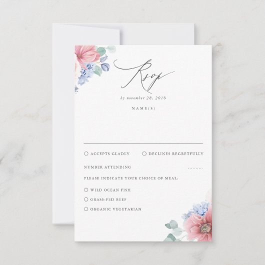Dusty Rose Dusty Blue Floral Wedding RSVP Karte (Vorderseite)