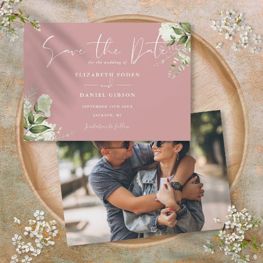 Dusty Rose Elegant Grüne Weinkultur Foto Hochzeit Save The Date