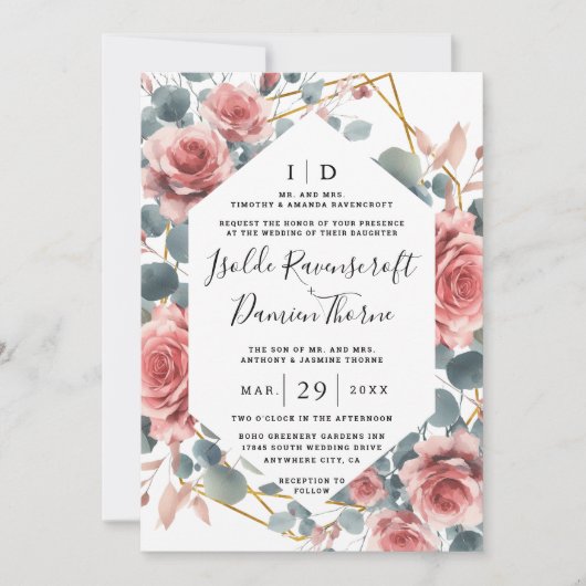 Dusty Rose Elegant Pink Mauve Gold Floral Wedding Einladung (Vorderseite)