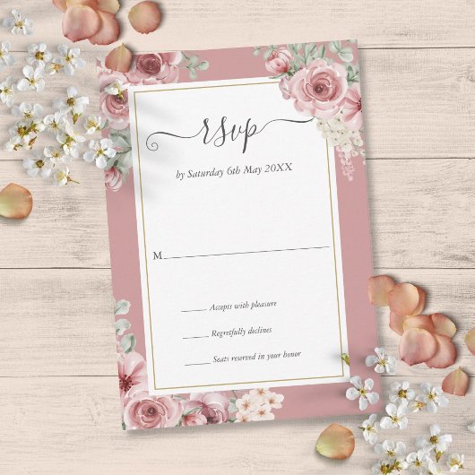 Dusty Rose Elegante Blumenschrift RSVP Karte
