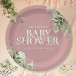 Dusty Rose Elegante Grünpflanzen Girl Babydusche Pappteller<br><div class="desc">Eine elegante Babyduschplatte mit schicker Typografie und hübschem botanischem Grün auf einem staubigen,  rosa Rose-Hintergrund. Entwickelt von Thisisnotme©</div>