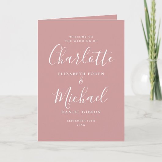 Dusty Rose Elegante Signature Script Hochzeit Programm (Vorderseite)