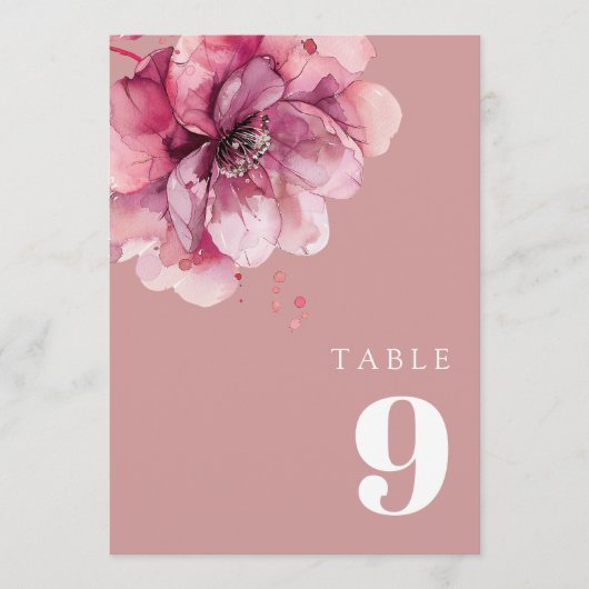Dusty Rose Elegante Wasserfarben Tischnummer (Vorderseite)