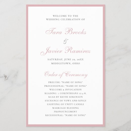 Dusty Rose Elegantes feierliches Hochzeitsprogramm (Vorne)