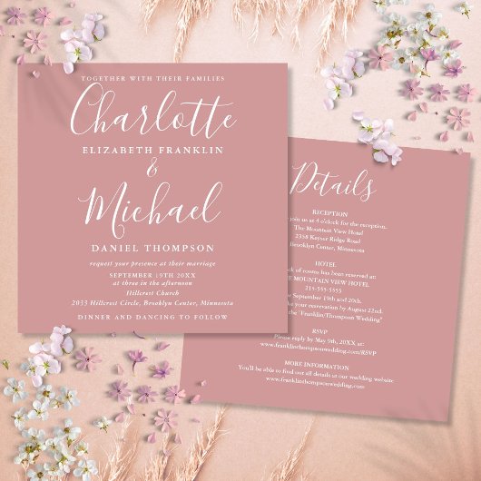 Dusty Rose Elegantes Skript in einer Hochzeit Einladung
