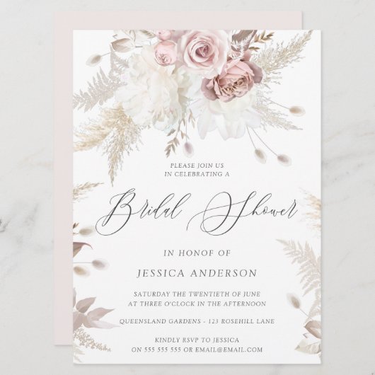 Dusty Rose & Elfenbein Grosses Brautparty Invi Einladung (Vorne/Hinten)