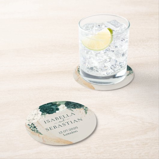 Dusty Rose Emerald Botanical Wedding Runder Pappuntersetzer (Vor Ort)