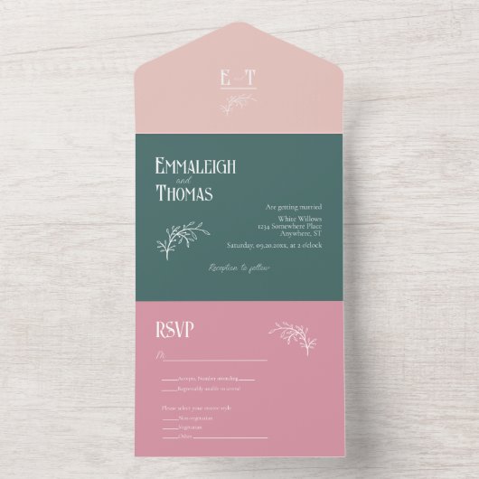 Dusty Rose Emerald Green Simple Modern Wedding All In One Einladung (Innen Boden)