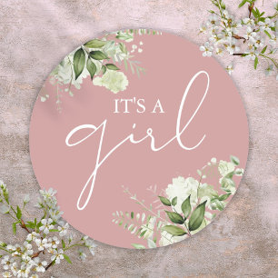 Dusty Rose Es ist ein Mädchen Greenery Baby Shower Runder Aufkleber