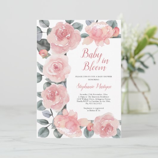 Dusty Rose Eucalyptus Baby in Bloom Baby Dusche Einladung (Stehend Vorderseite)
