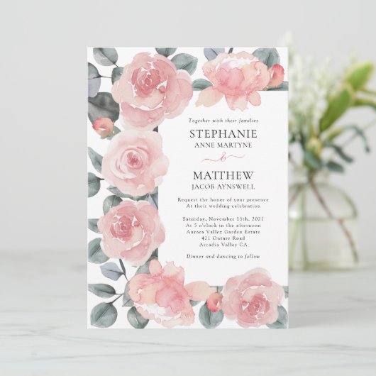 Dusty Rose Eucalyptus Elegante Hochzeit der Blumen Einladung (Stehend Vorderseite)