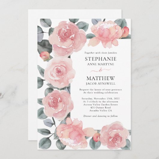 Dusty Rose Eucalyptus Elegante Hochzeit der Blumen Einladung (Vorne/Hinten)