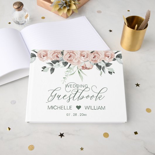Dusty Rose Eucalyptus Elegante Script Wedding Gästebuch (Vorderseite Offen)