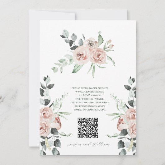 Dusty Rose Eucalyptus Floral QR Code Wedding Einladung (Rückseite)